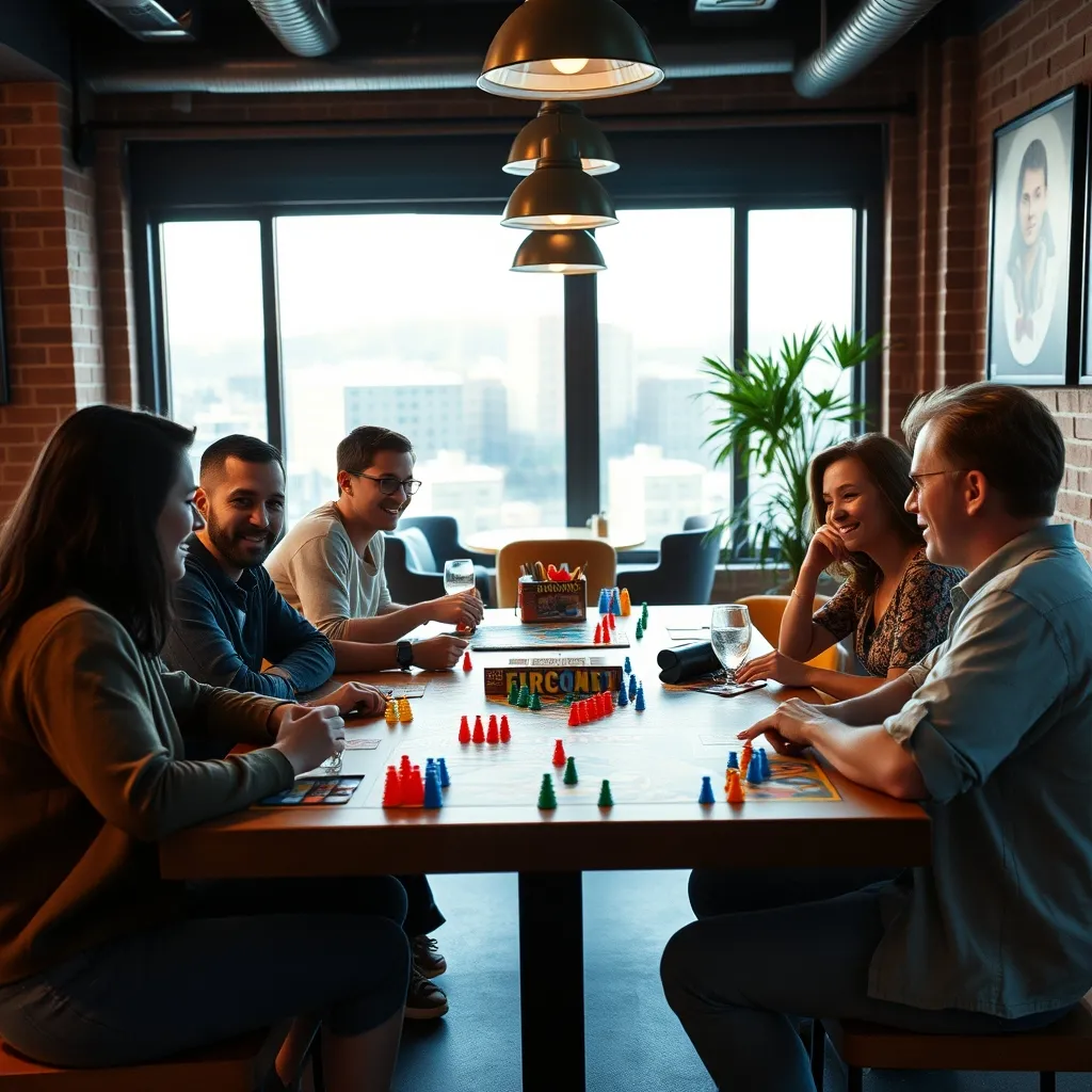 Grupo de amigos disfrutando de un eurogame moderno en un café de juegos de mesa