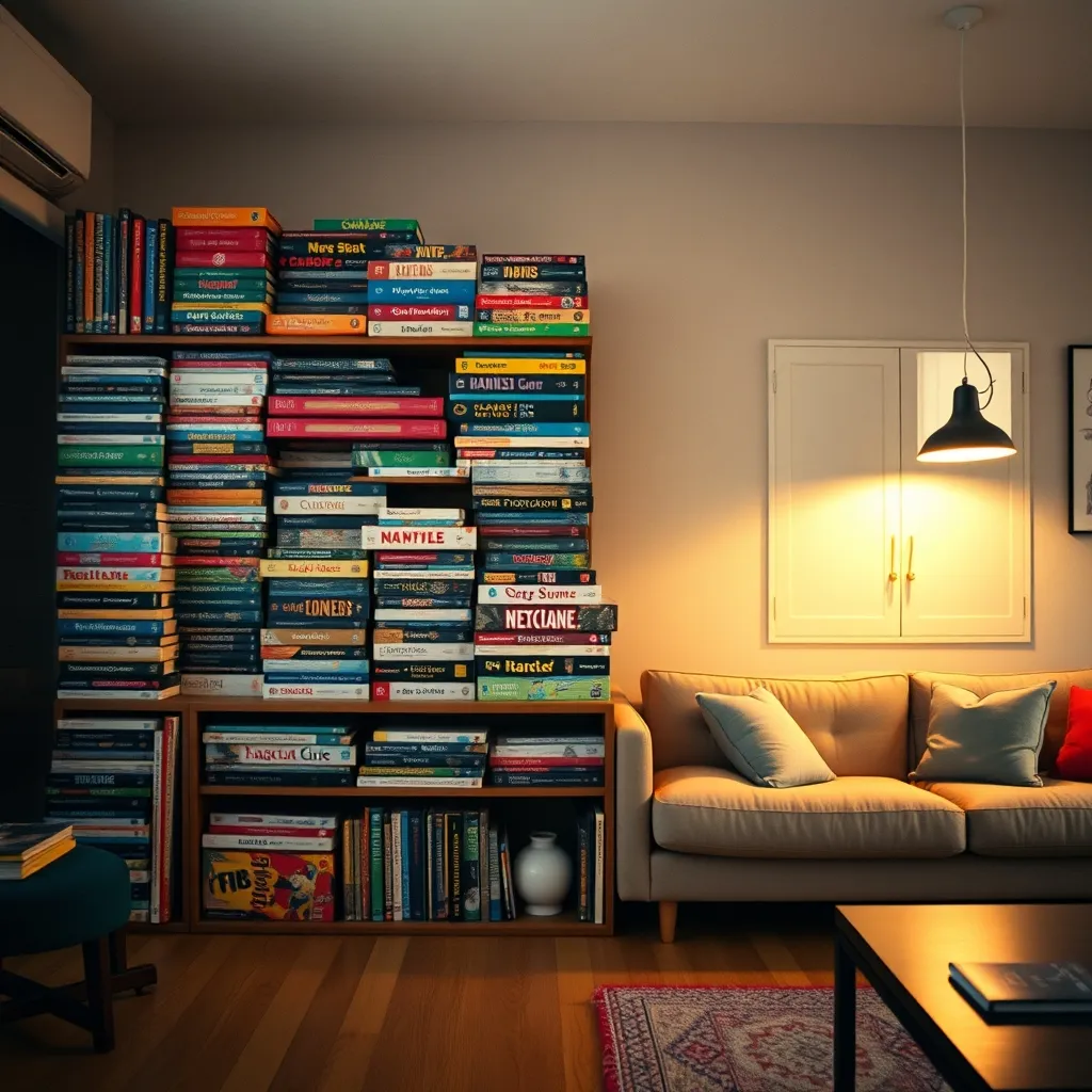 Colección de juegos de mesa organizados en una estantería de salón moderno