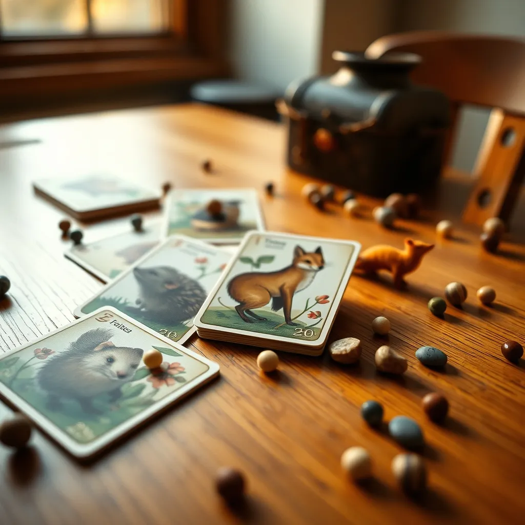 Detalle de las cartas ilustradas y recursos de madera del juego Everdell