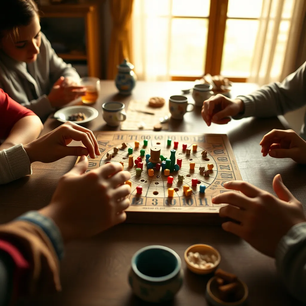 Partida de Huaju en familia con varios jugadores alrededor del tablero