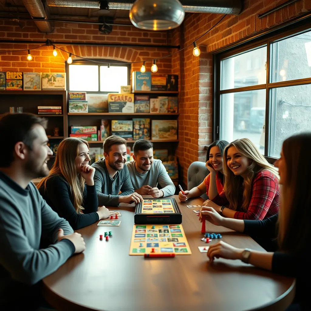 Grupo de amigos disfrutando de una partida de juego de mesa en un café de Bogotá