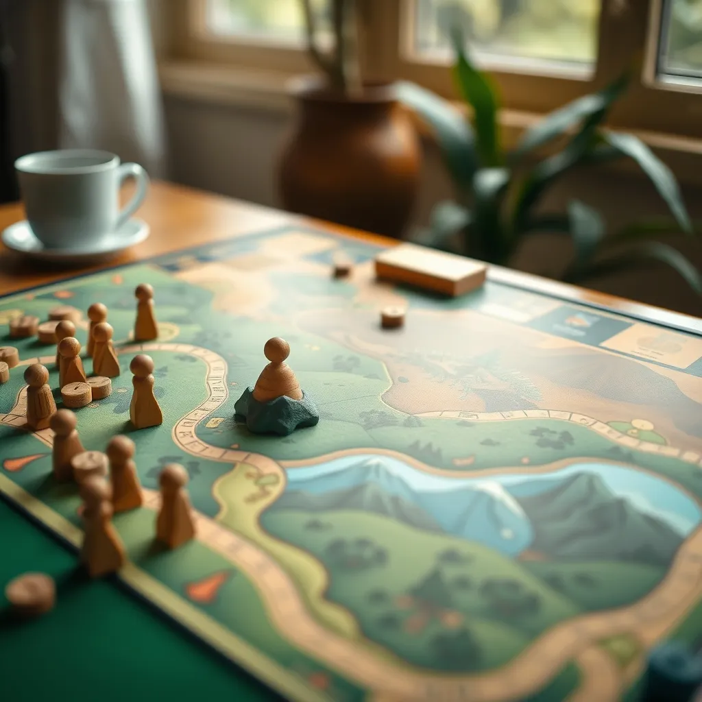 Tablero de juego de mesa temático sobre el café colombiano con fichas y recursos