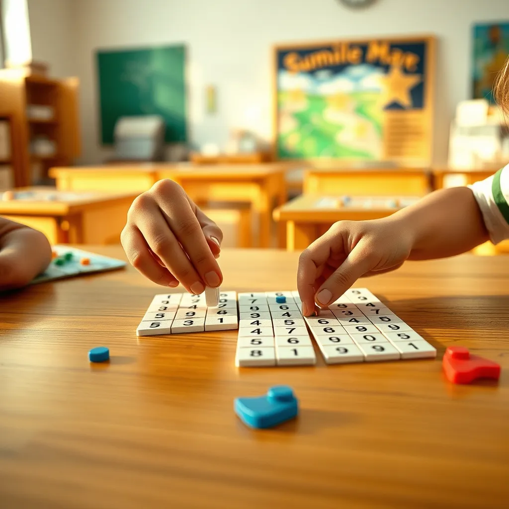 Manos de niños formando ecuaciones con fichas numéricas sobre la mesa de juego
