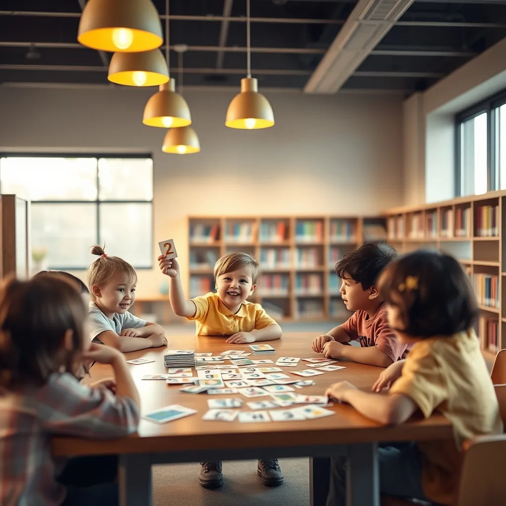 Grupo de alumnos jugando a un juego de cartas matemático en la biblioteca escolar