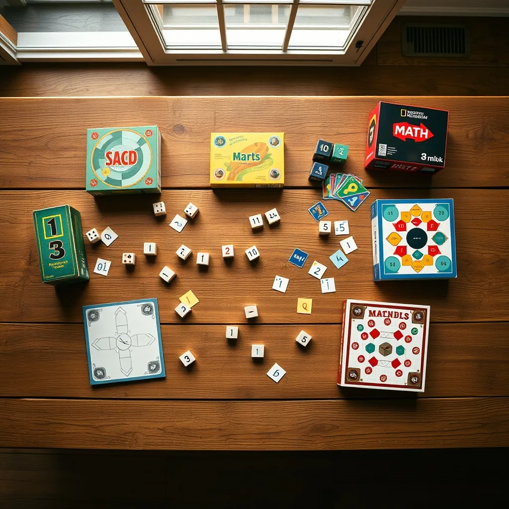 Vista cenital de cinco juegos de mesa de matemáticas con sus componentes sobre la mesa