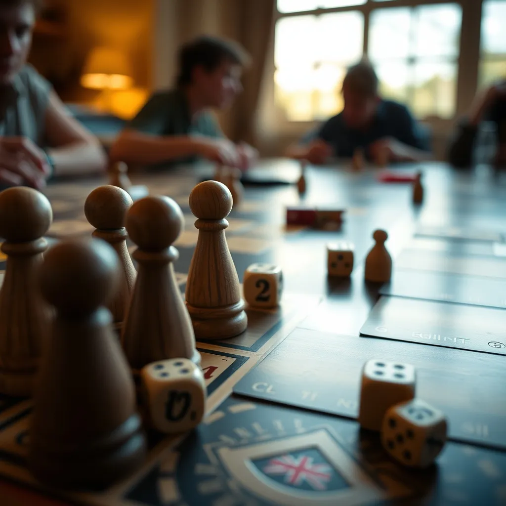 Componentes de un juego de mesa moderno con texto en inglés visible en las cartas