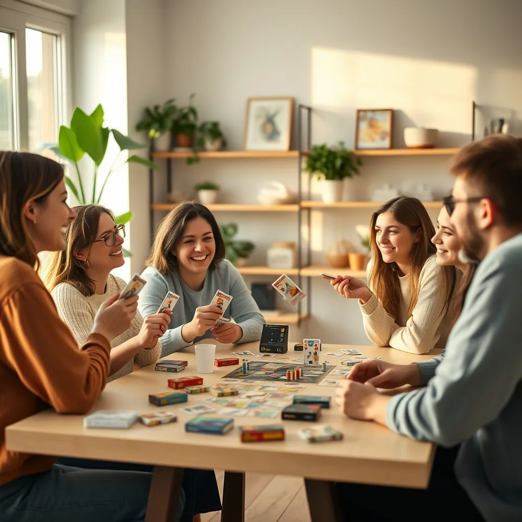 Grupo de amigos disfrutando de una partida de un juego de mesa en inglés en un ambiente acogedor