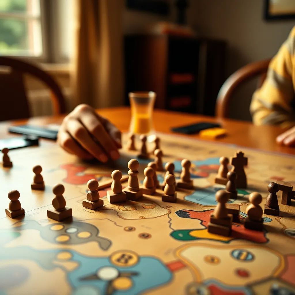 Detalle de componentes de un eurogame de estrategia durante una partida