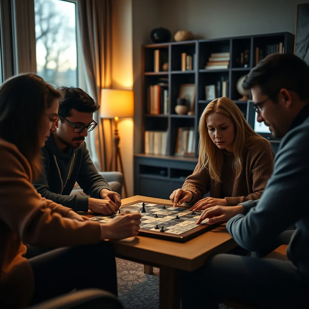 Grupo de amigos disfrutando de una partida intensa de juego de mesa de estrategia