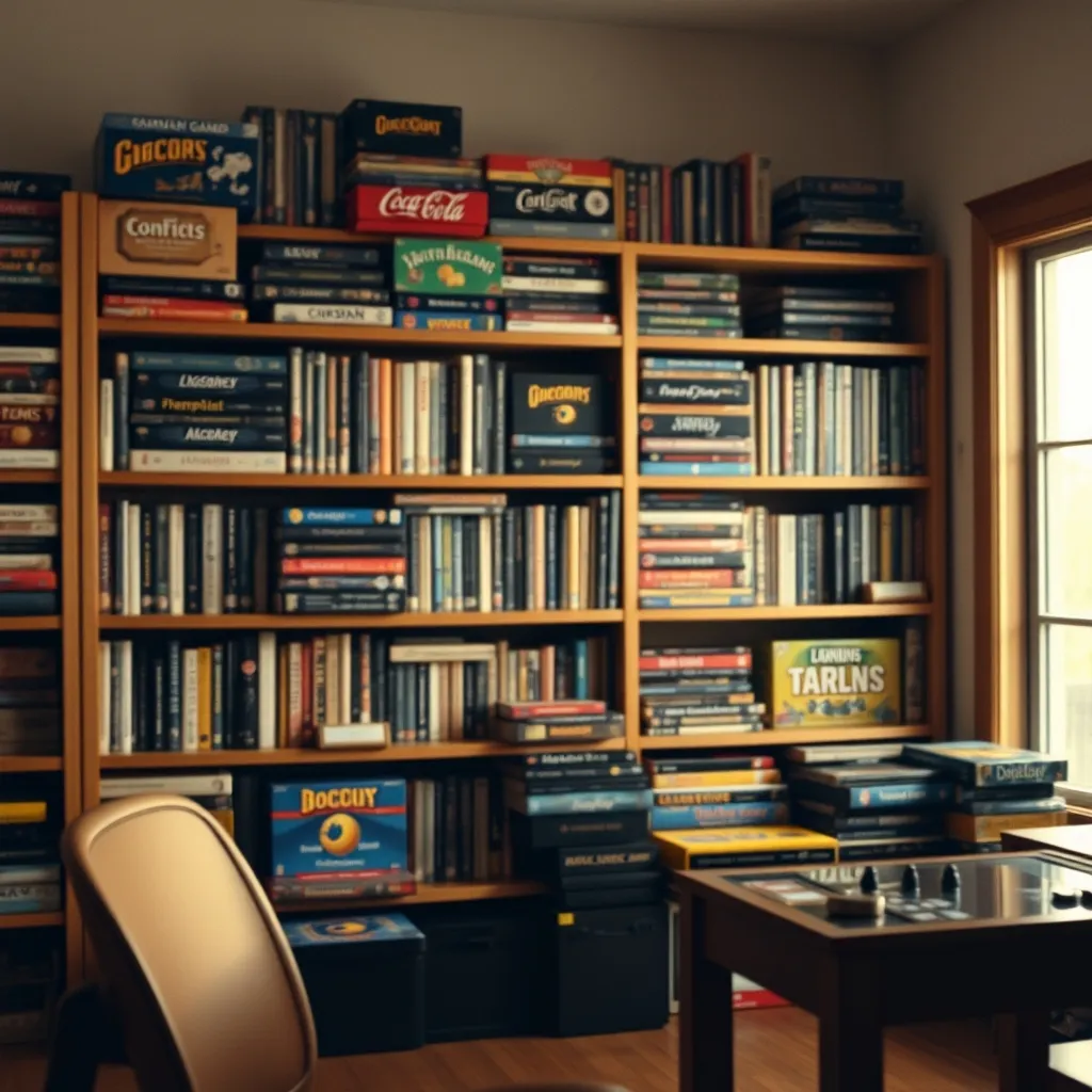 Colección de juegos de mesa de estrategia organizados en una estantería