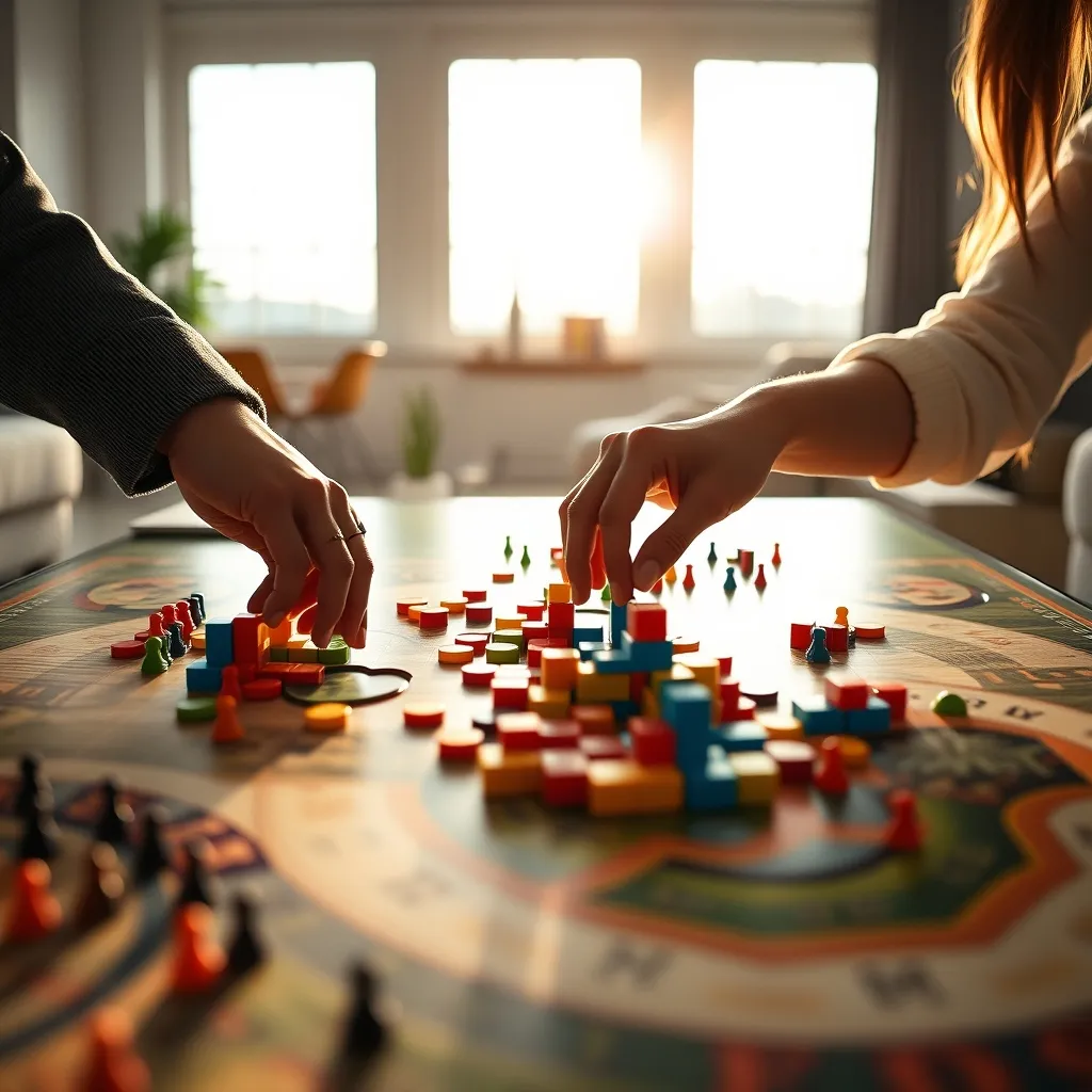 Dos jugadores disfrutando de una partida de juego de mesa con losetas de colores