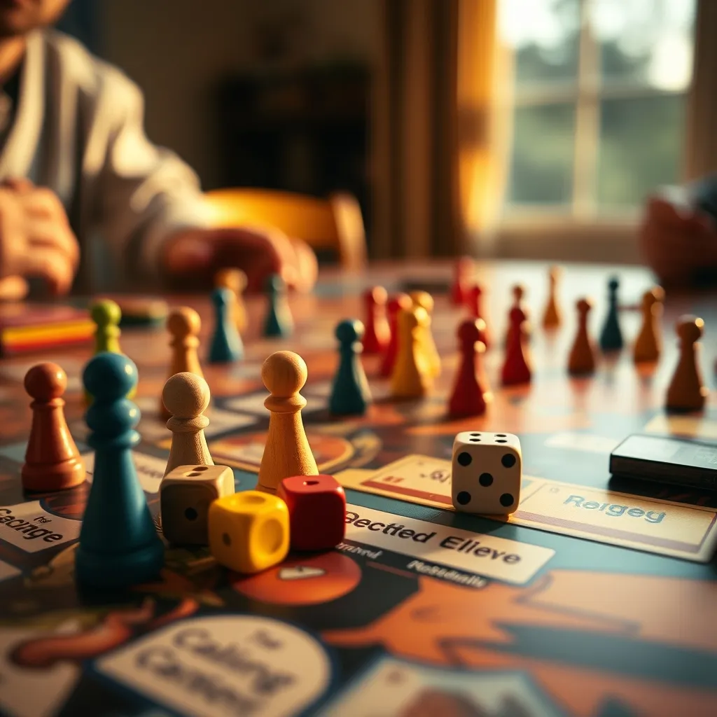 Meeples, fichas y dados de colores sobre un tablero de juego de mesa en inglés
