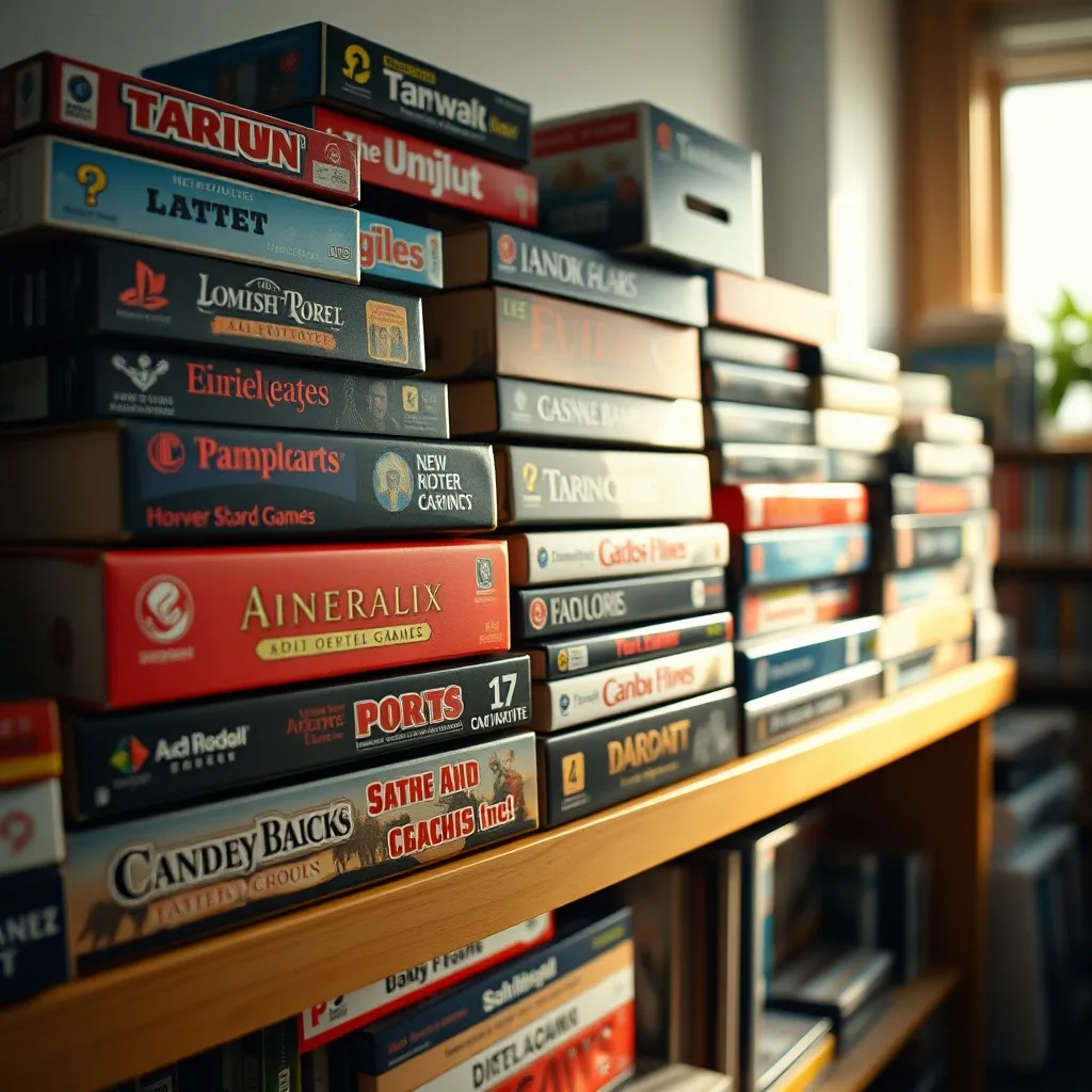 Estantería con cajas de juegos de mesa en inglés organizadas por tamaño
