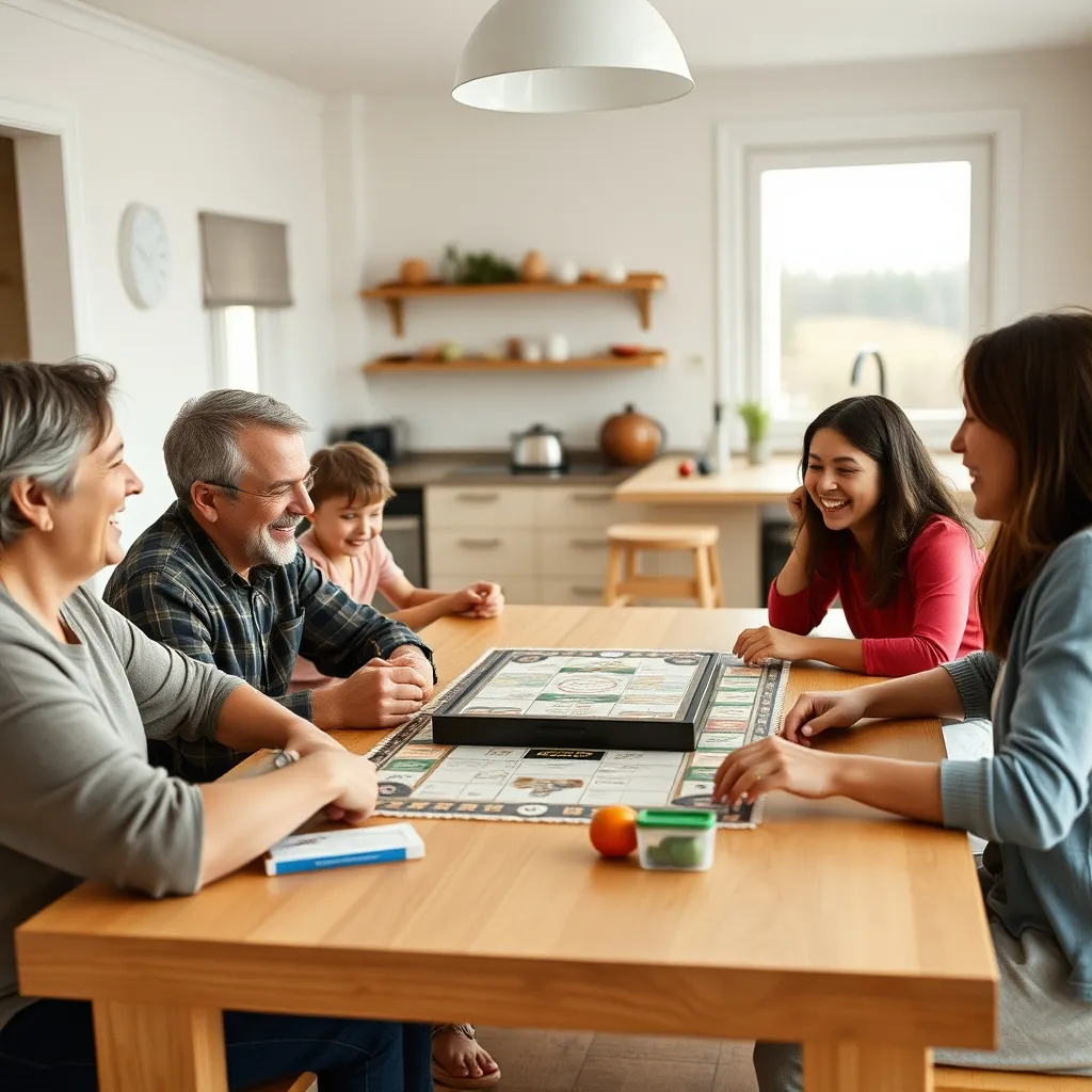 Familia disfrutando de una partida de juego de mesa en inglés en el salón