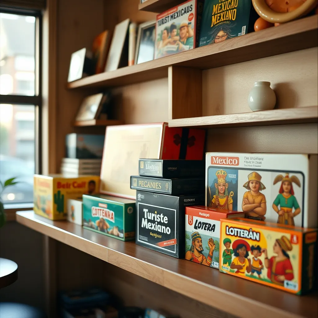 Colección de juegos de mesa mexicanos expuestos en la estantería de un café lúdico
