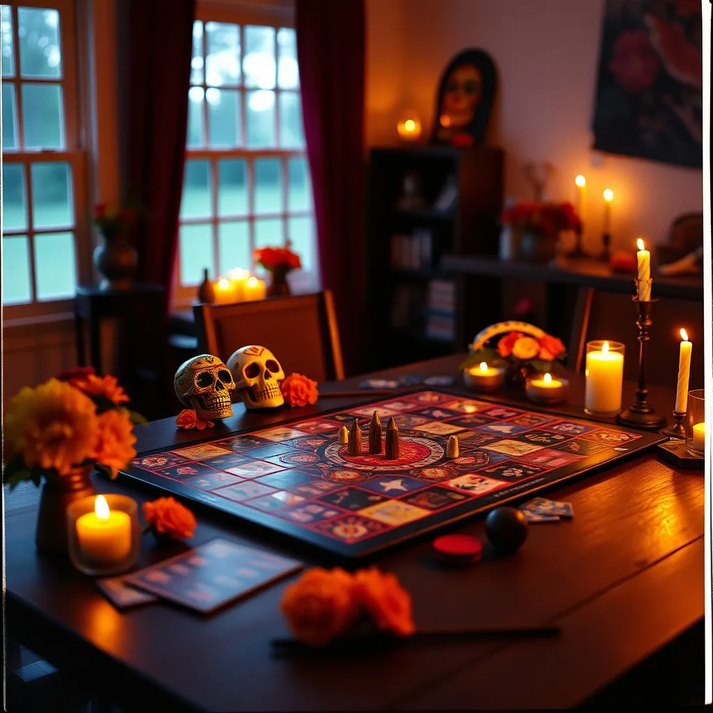 Juegos de mesa temáticos de Día de Muertos con calaveras de azúcar y cempasúchil como decoración