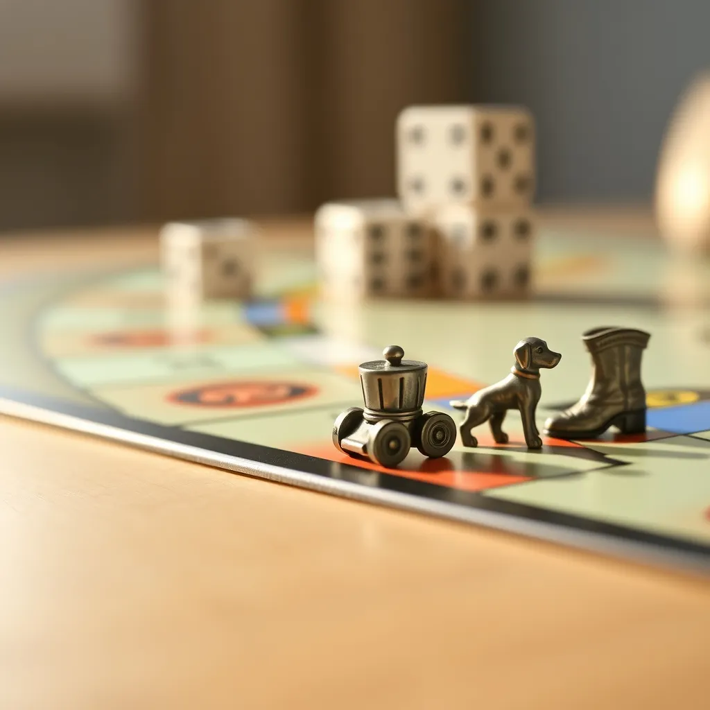 Las fichas metálicas clásicas del Monopoly junto a la casilla de salida del tablero