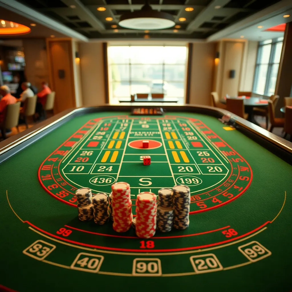 Vista cenital de una mesa de Craps con fichas y dados preparados para el lanzamiento