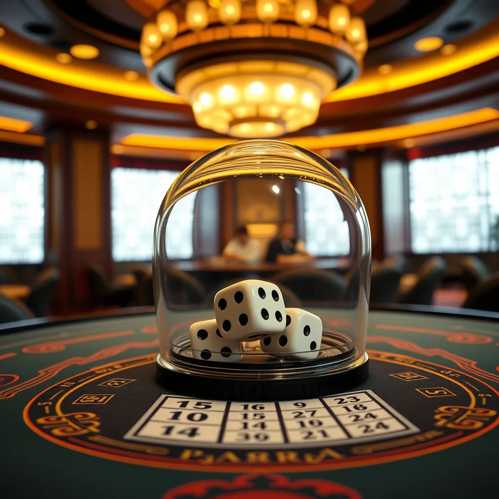 Mesa de Sic Bo con tres dados en la campana de cristal típica de los casinos asiáticos