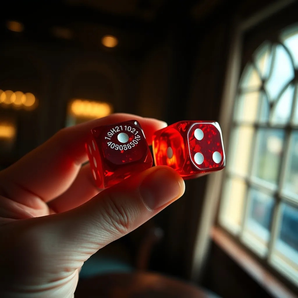 Detalle de dados de precisión de casino con bordes afilados y número de serie grabado