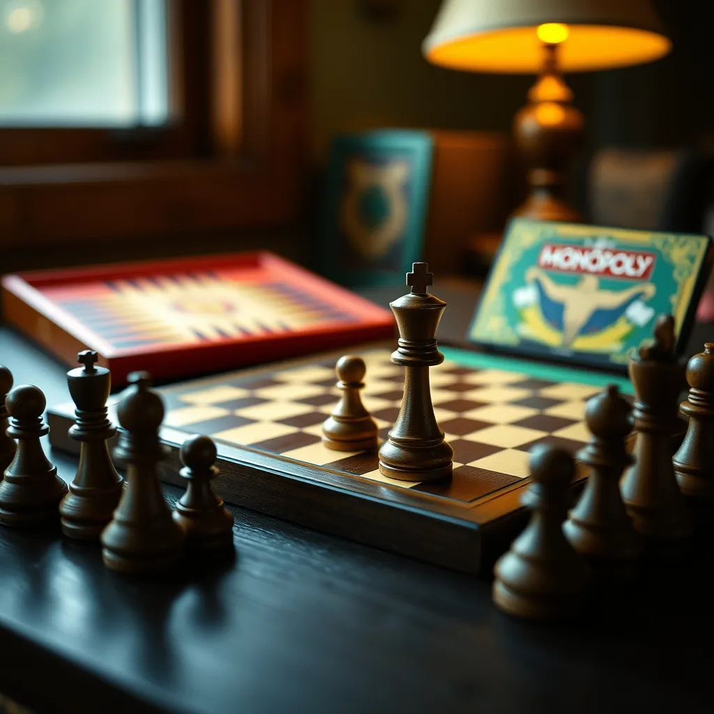 Ajedrez de madera tallada junto a un backgammon abierto sobre escritorio clásico