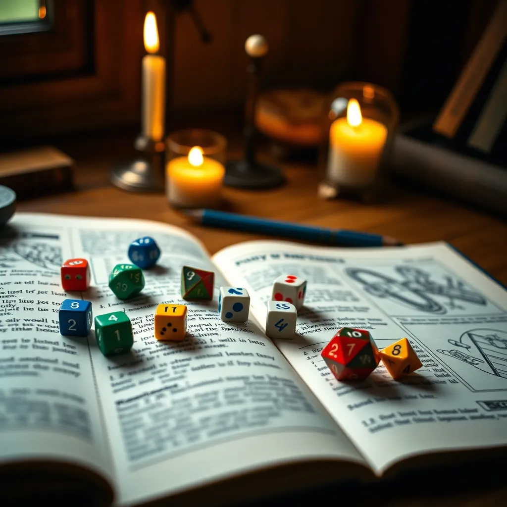 Dados poliédricos sobre un manual de rol abierto con ilustraciones de fantasía