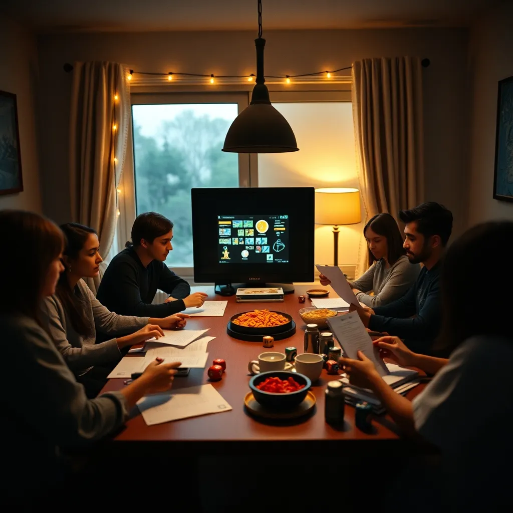 Grupo de amigos disfrutando de una partida de rol de mesa con director de juego