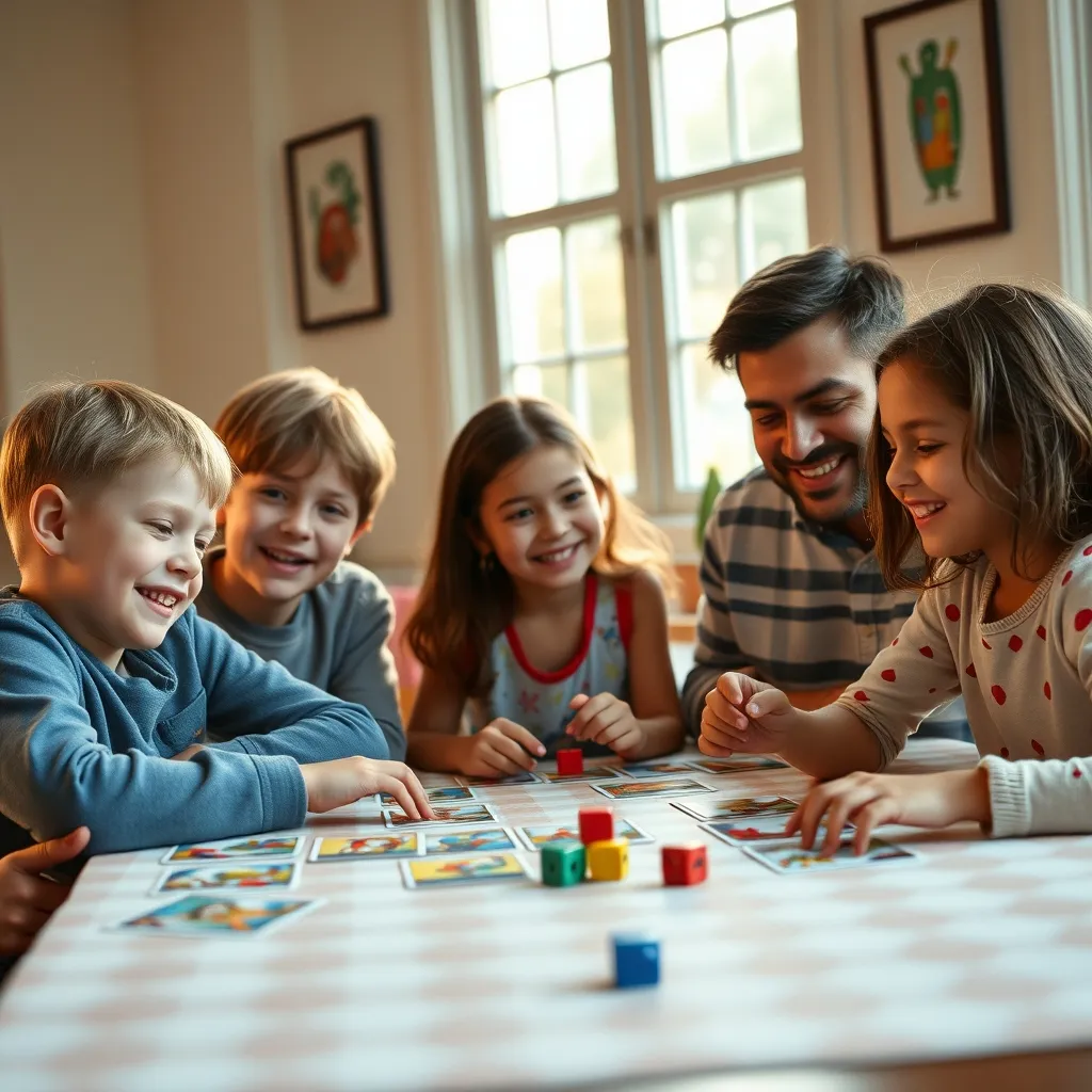 Familia jugando un juego de rol de mesa adaptado para niños
