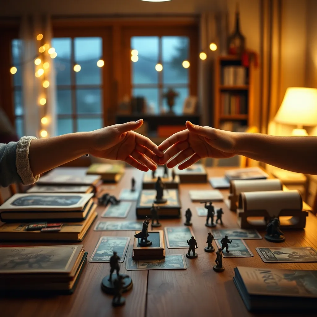 Momento de juego colaborativo con manuales de rol y figuras en miniatura