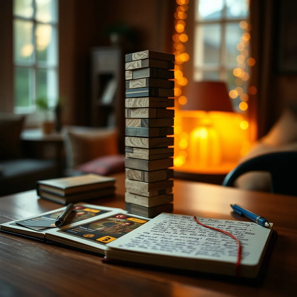 Torre de bloques y cartas narrativas del juego Star Crossed para partidas en pareja