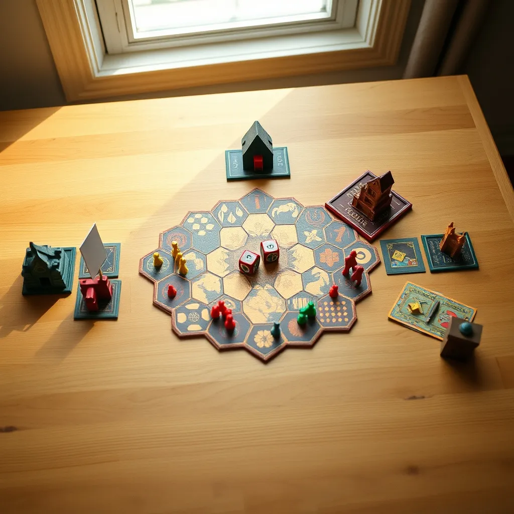 Vista cenital de un eurogame de dados con losetas hexagonales y tableros de jugador