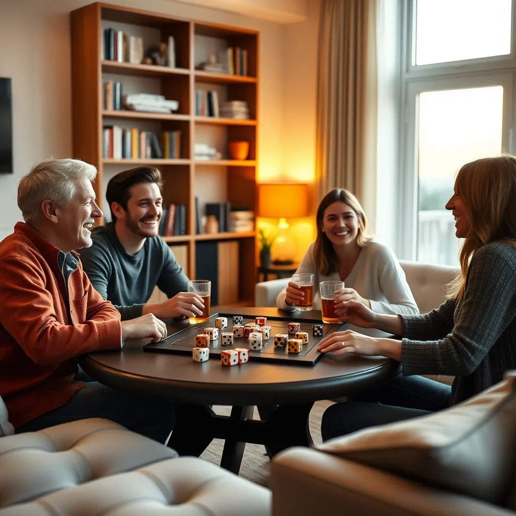Grupo de amigos disfrutando de una partida de dados en el salón de casa