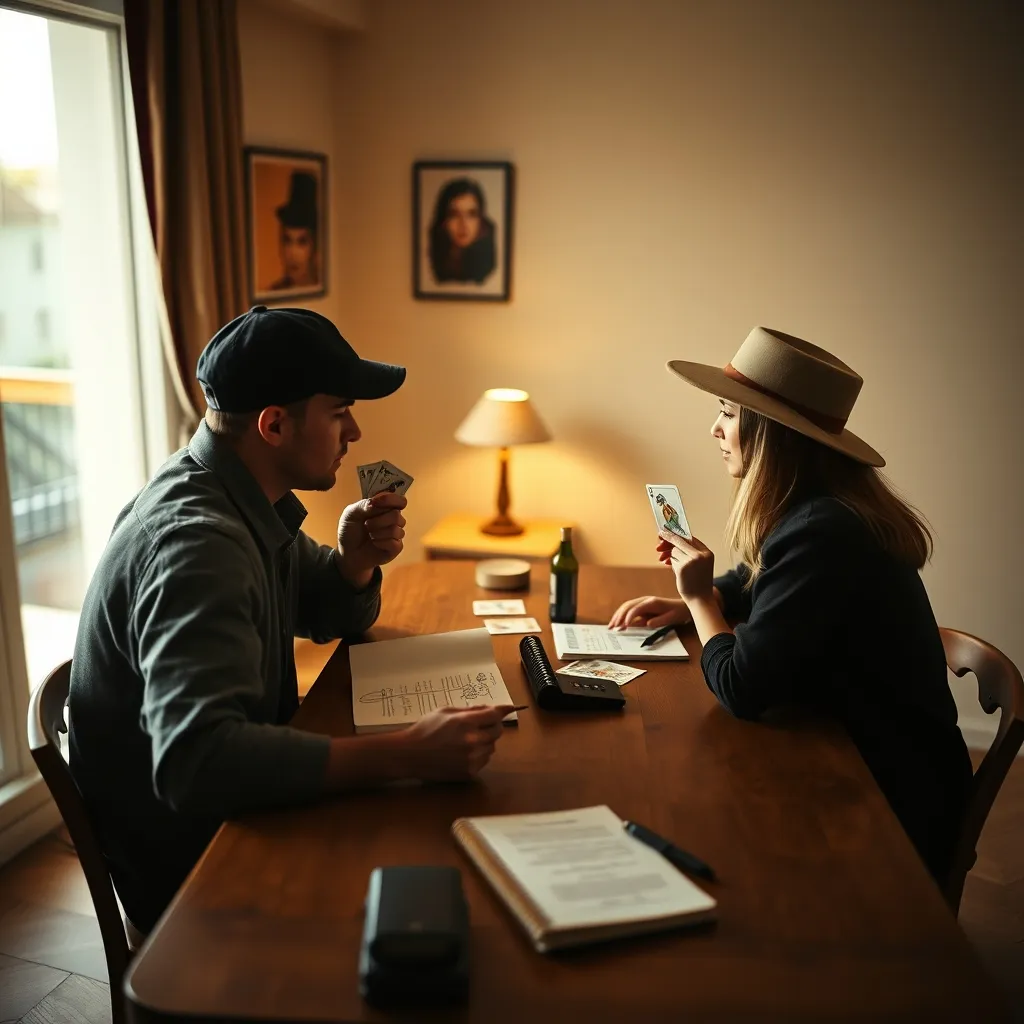 Dos jugadores disfrutando de una partida de un juego de mesa de detectives en pareja