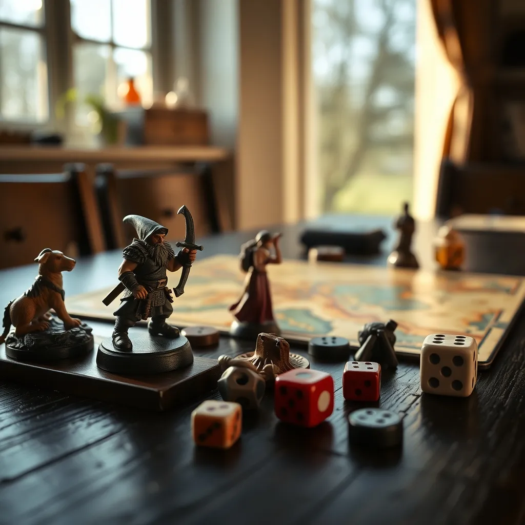 Miniaturas pintadas y componentes de un juego de mazmorras sobre mesa de madera