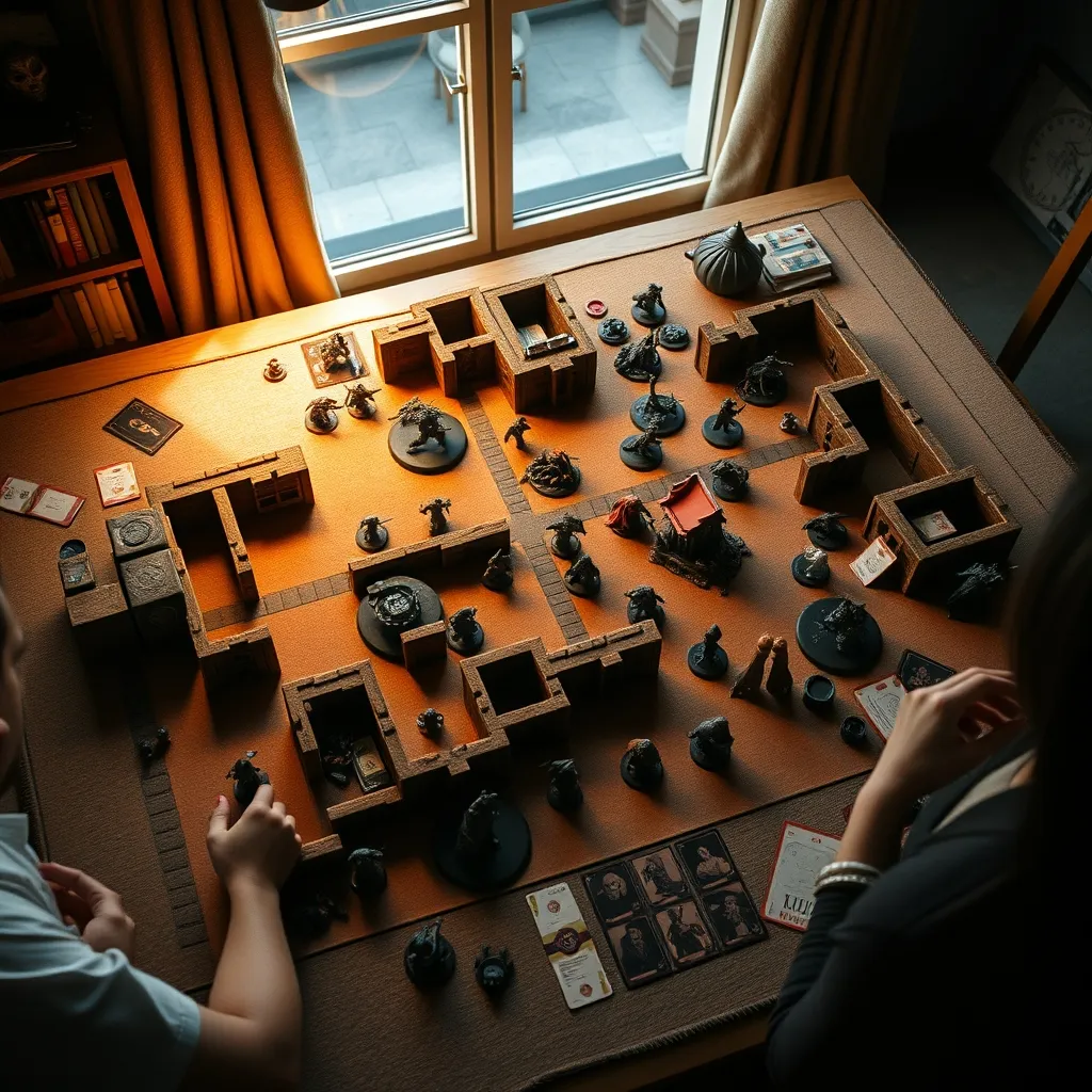 Vista cenital de una partida de dungeon crawler con losetas modulares y miniaturas