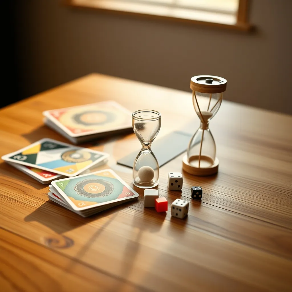 Componentes del juego: cartas de retos, dado, reloj de arena y fichas de equipo