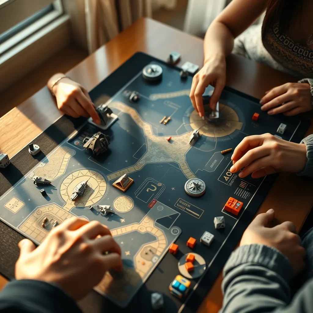 Partida en curso de un juego de mesa de conquista galáctica con fichas y tablero modular
