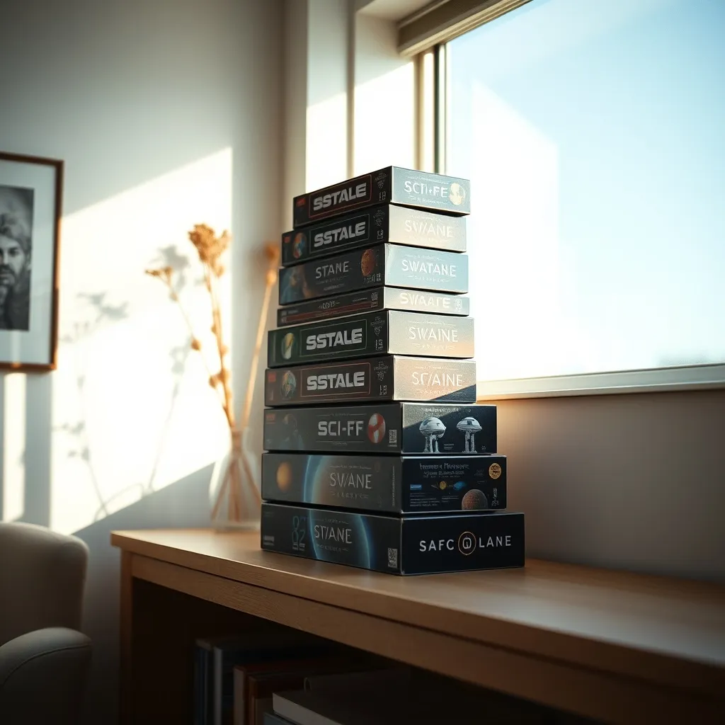 Colección de juegos de mesa de ciencia ficción expuestos en una estantería moderna