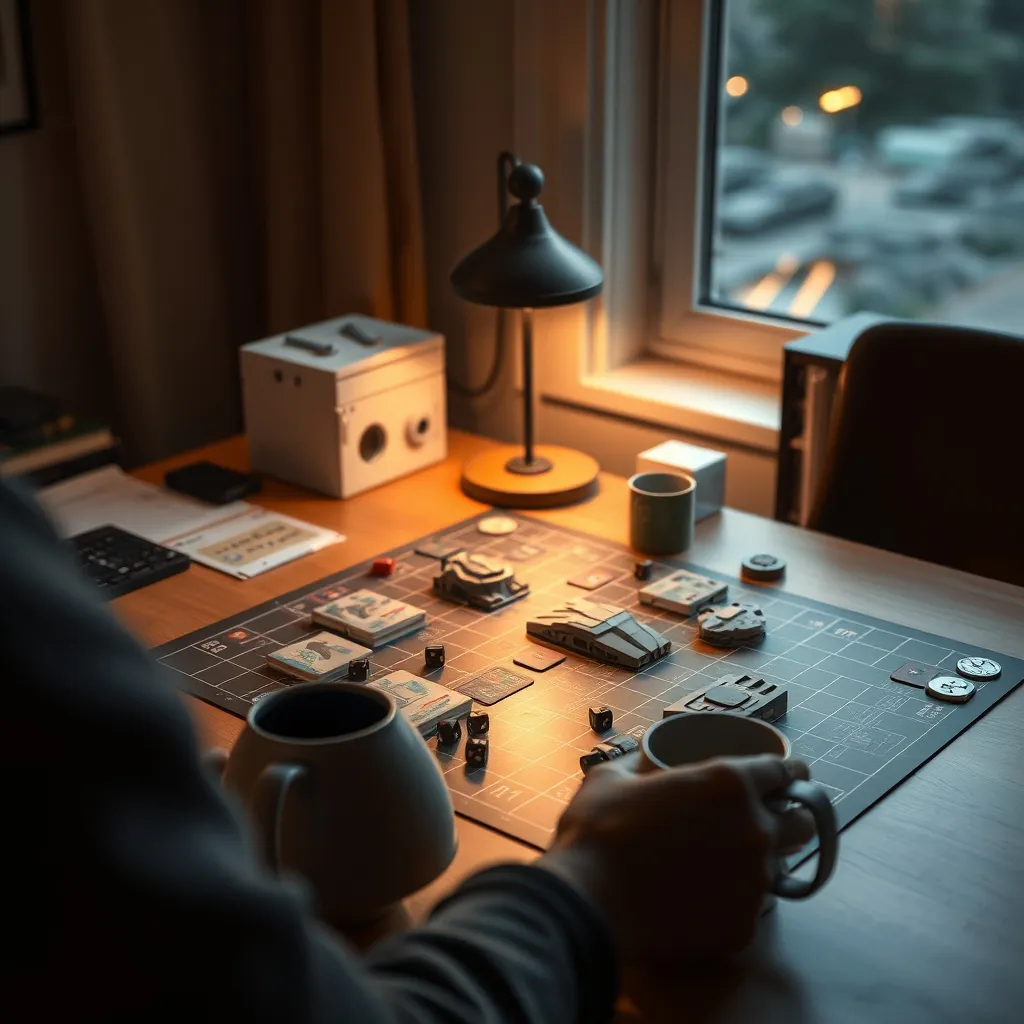 Sesión en solitario de un juego de mesa de ciencia ficción con cartas y dados