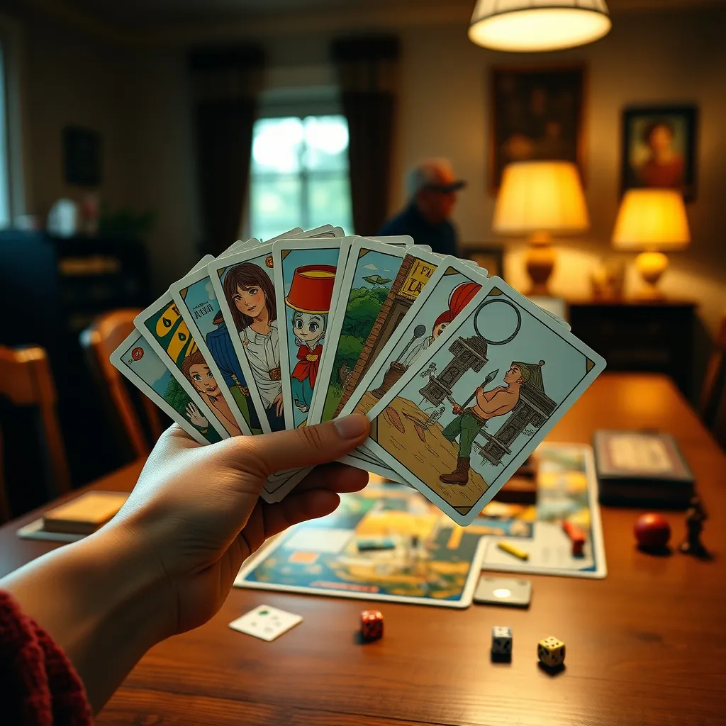 Detalle de cartas ilustradas y componentes de un party game sobre la mesa de juego