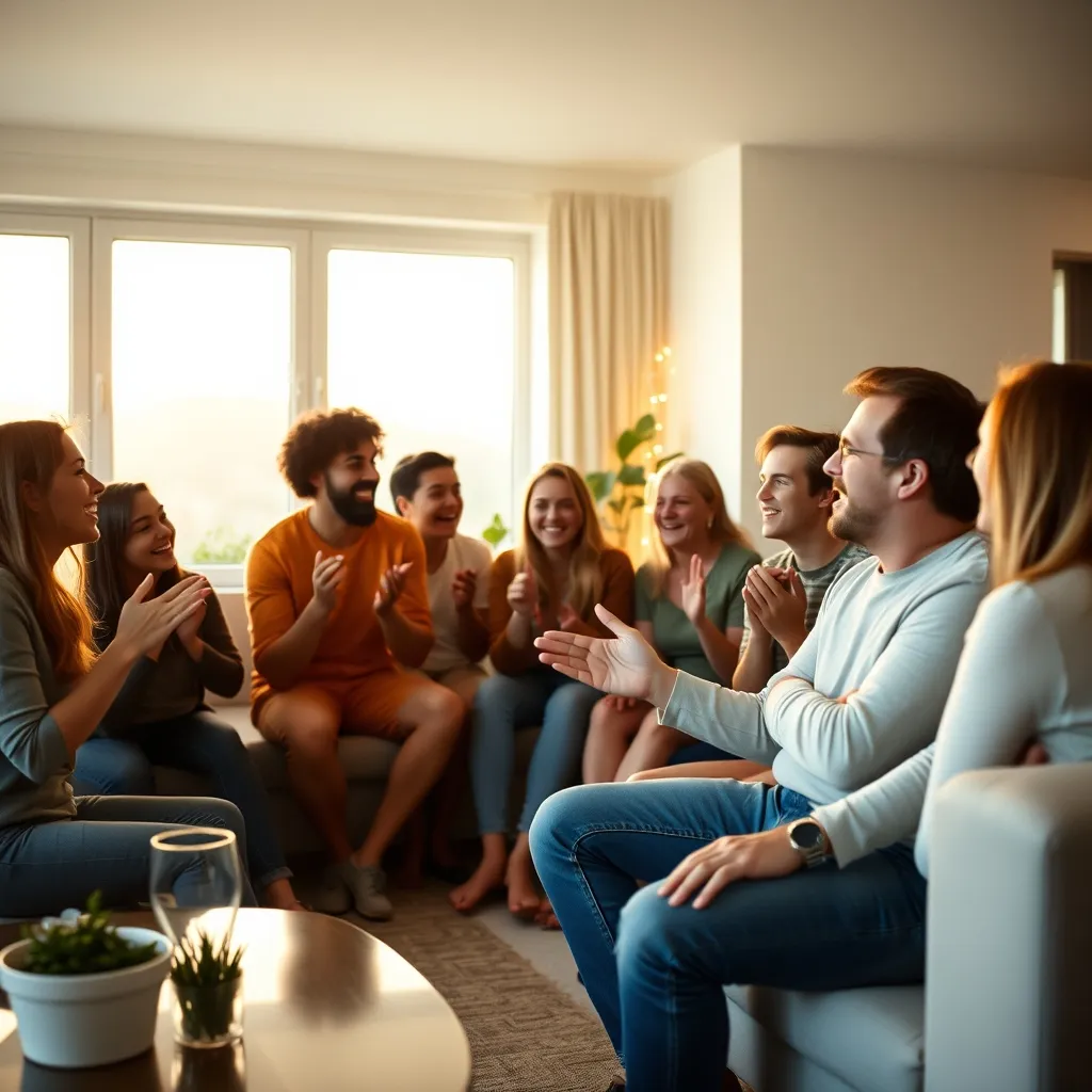 Familia y amigos jugando a juegos de mímica durante una reunión festiva