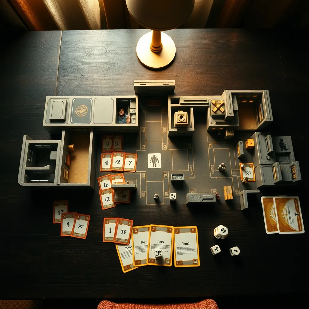 Vista cenital del tablero modular de Nemesis con losetas de habitación, cartas de acción y fichas de contaminación