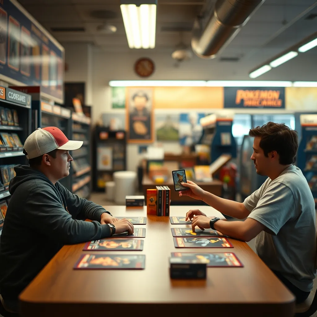 Dos jugadores disputando una partida de Pokémon JCC en una tienda local