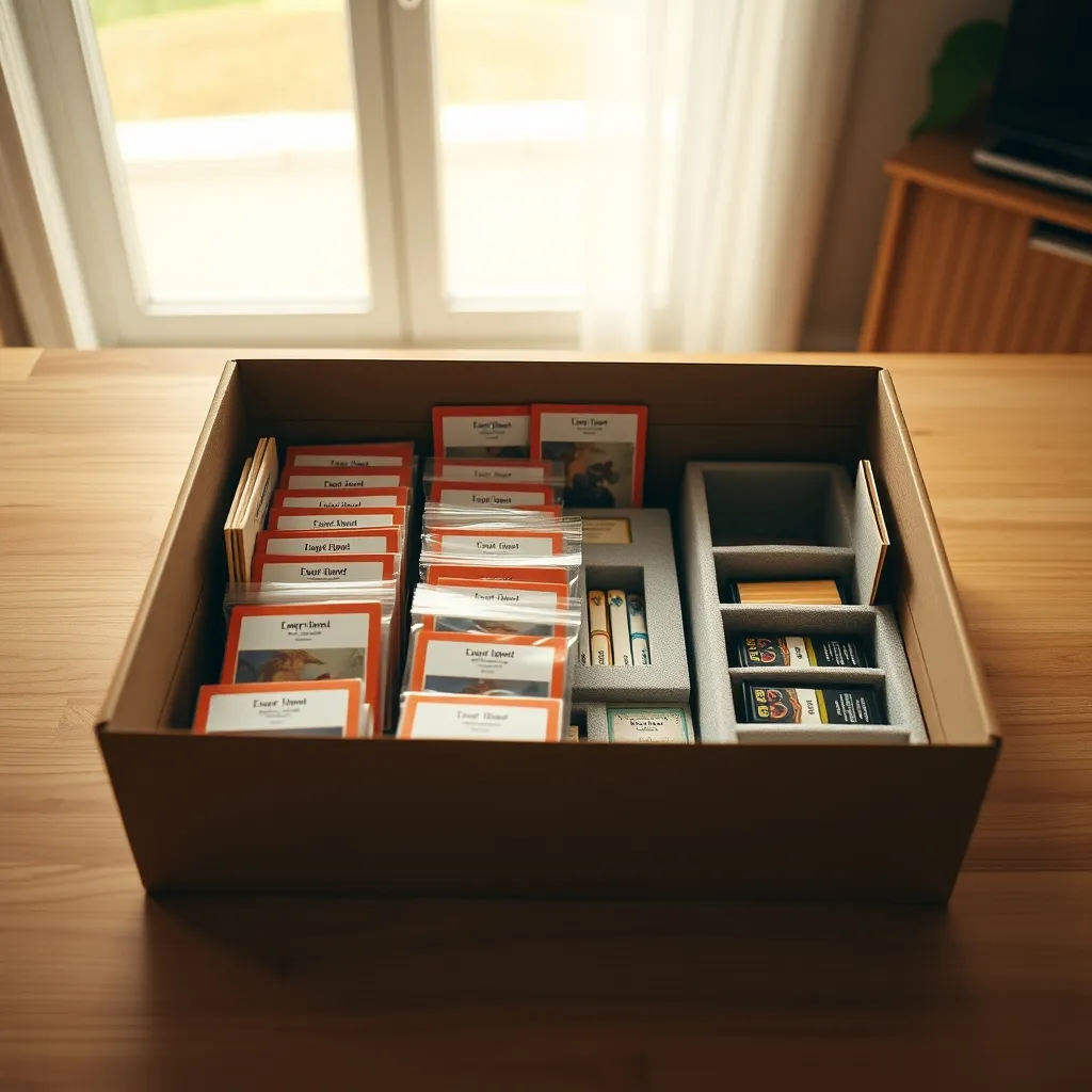 Interior de caja de juego con organizador de foam core y bolsas etiquetadas