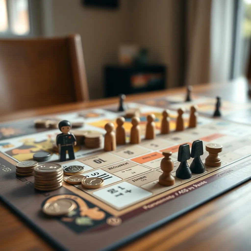 Detalle de los componentes de Scythe: trabajadores de madera, monedas y recursos sobre el tablero de jugador
