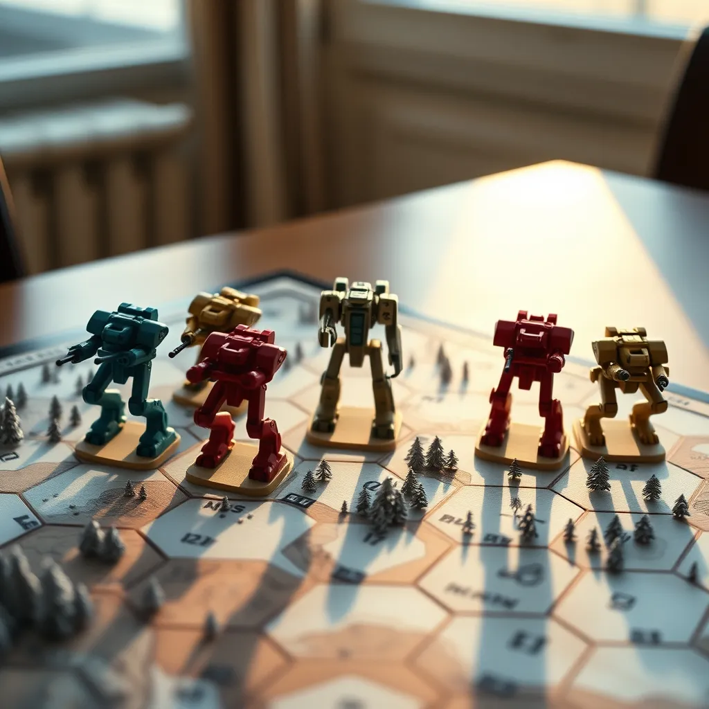 Las cinco facciones de Scythe representadas por sus miniaturas de mechs sobre el mapa de Europa del Este