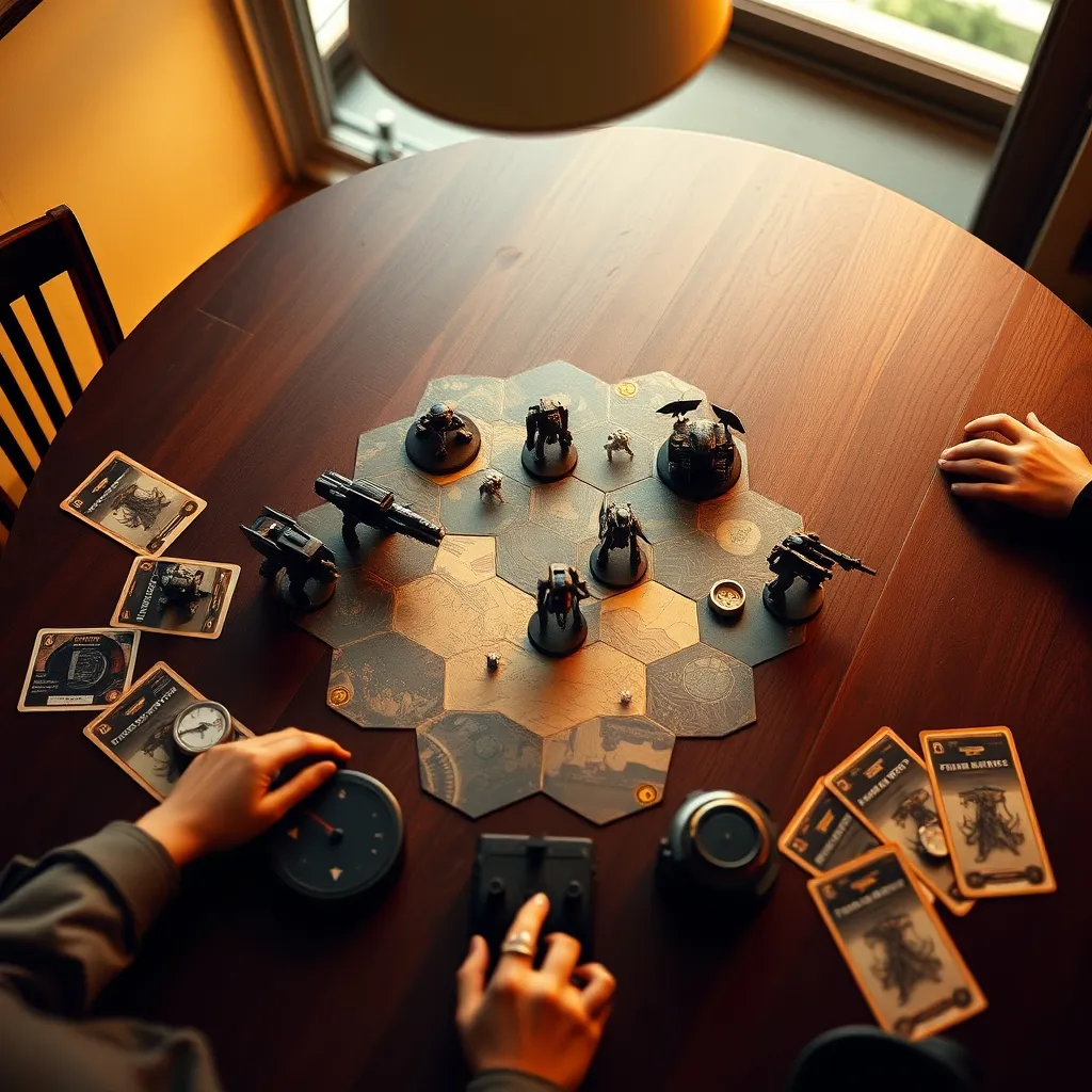 Vista cenital de una partida de Scythe en pleno combate entre facciones rivales