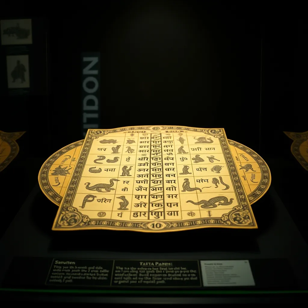 Tablero antiguo del Moksha Patam original, precursor hindú de serpientes y escaleras