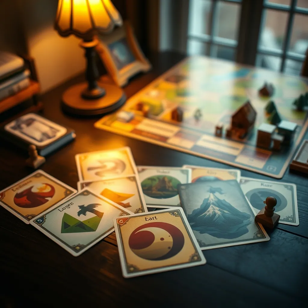 Cartas de poder con símbolos elementales y fichas de madera de invasores