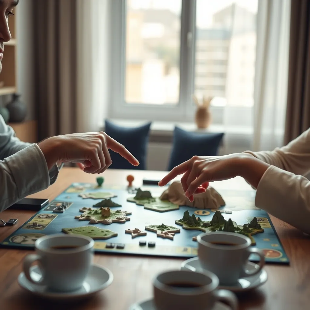 Dos jugadores planificando su estrategia cooperativa sobre el tablero modular